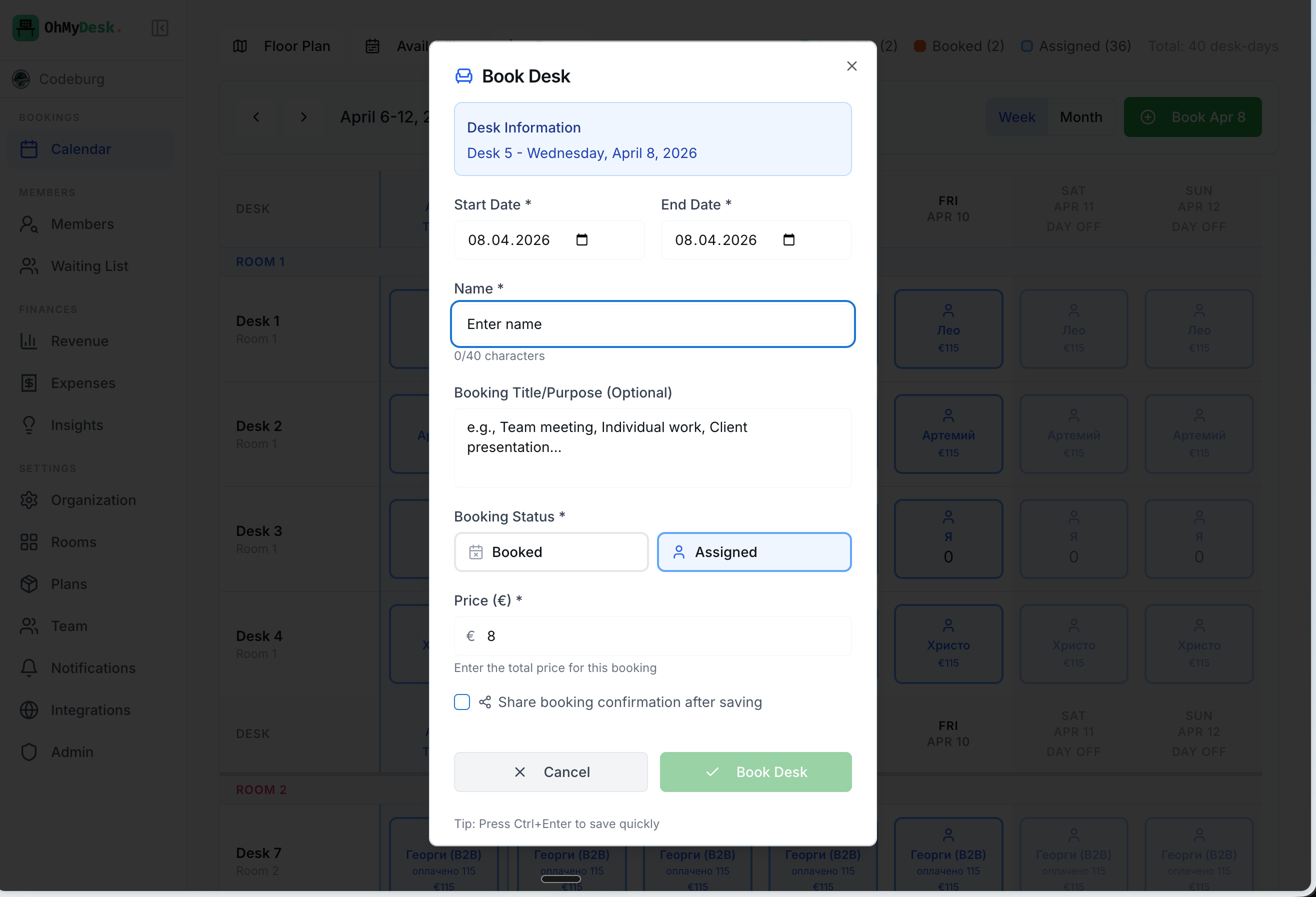 Desk booking modal showing date range, member, and pricing fields