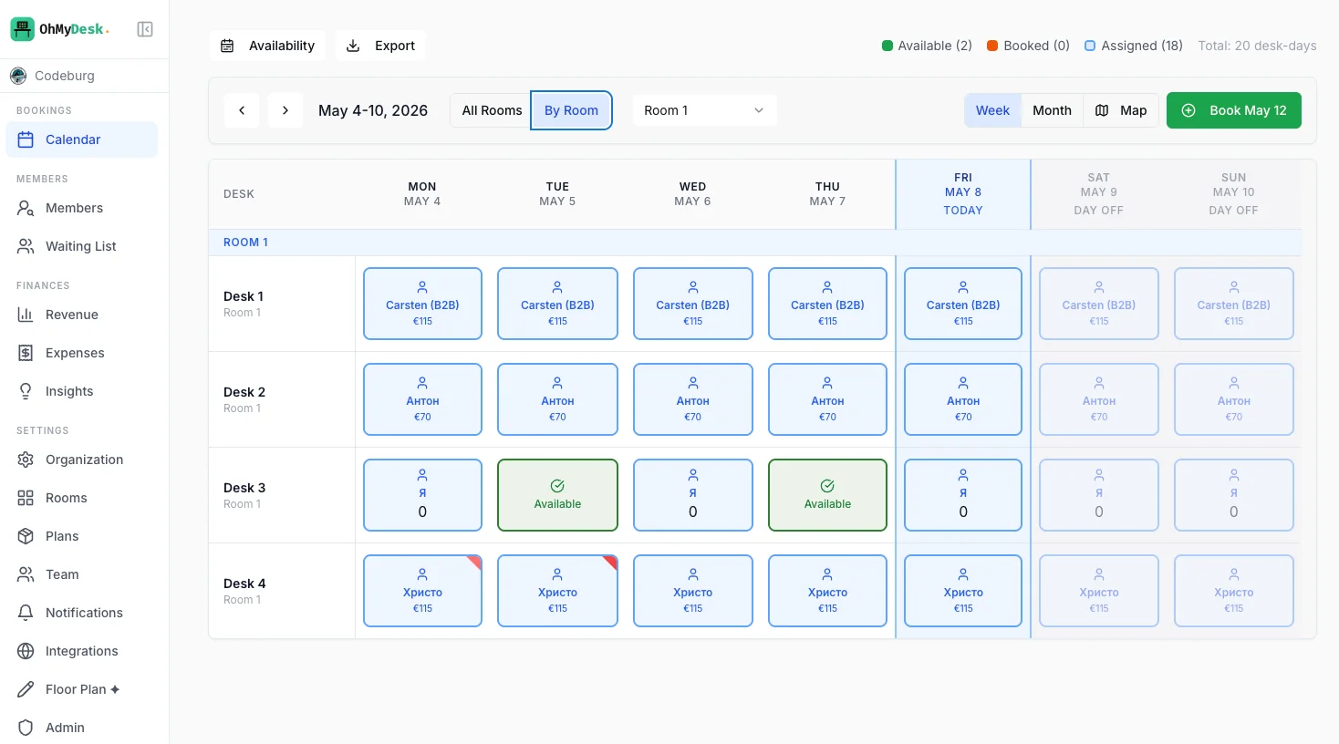 Calendar view with desk rows and date columns showing booking statuses