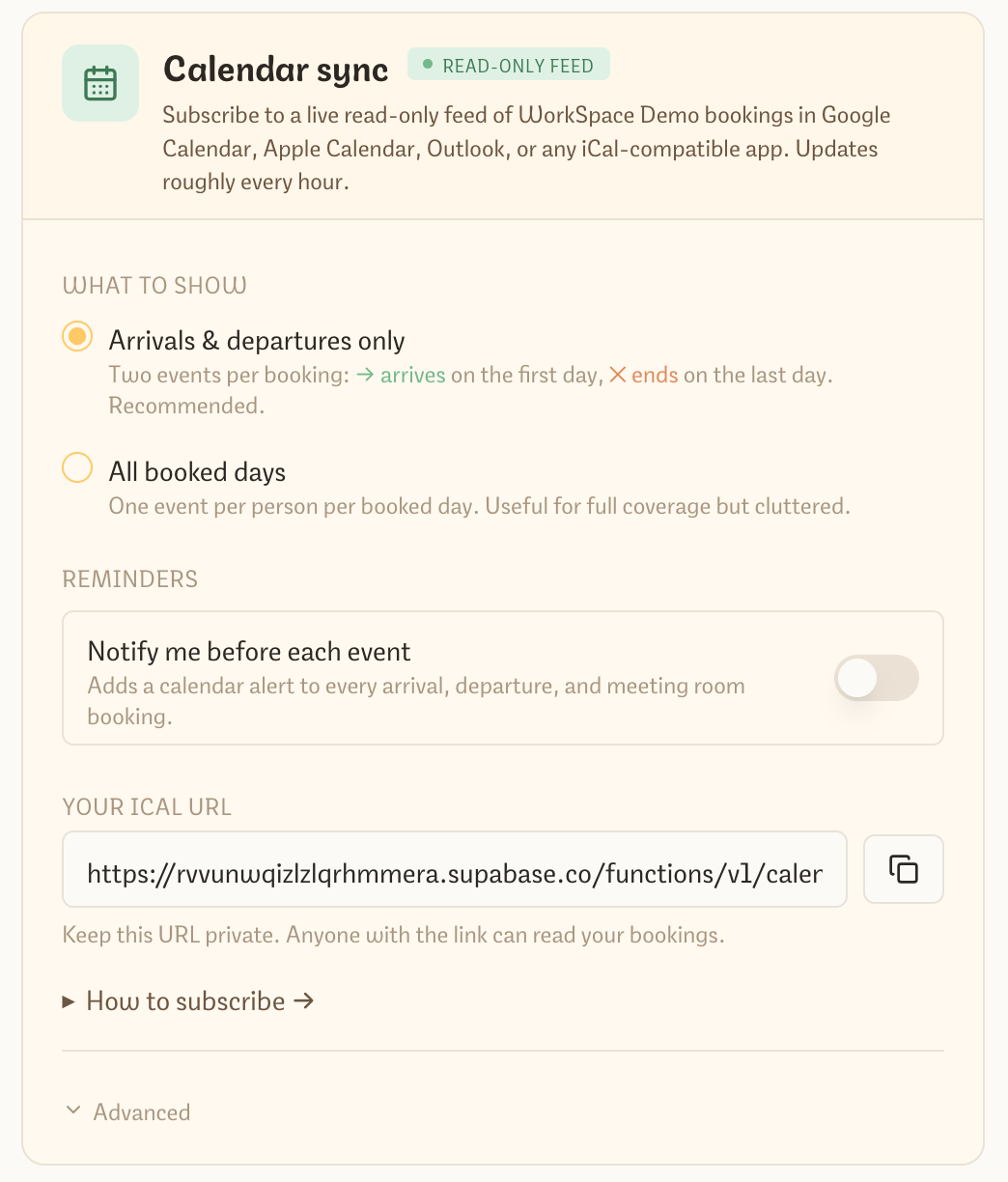 Calendar sync card in Settings → Integrations with arrivals/departures mode and reminder toggle