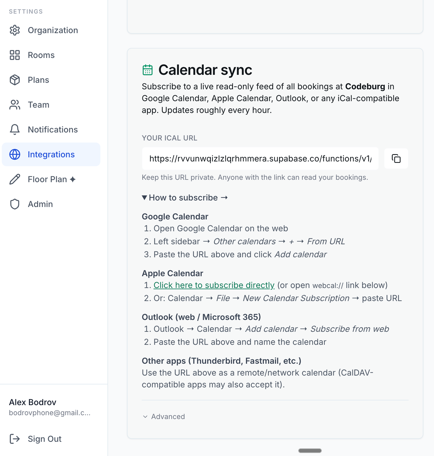 Calendar sync card in Settings → Integrations with arrivals/departures mode and reminder toggle