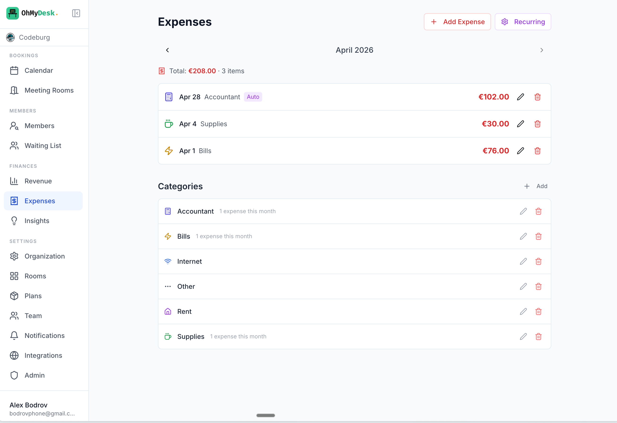 Expense tracking page with custom categories and recurring expenses