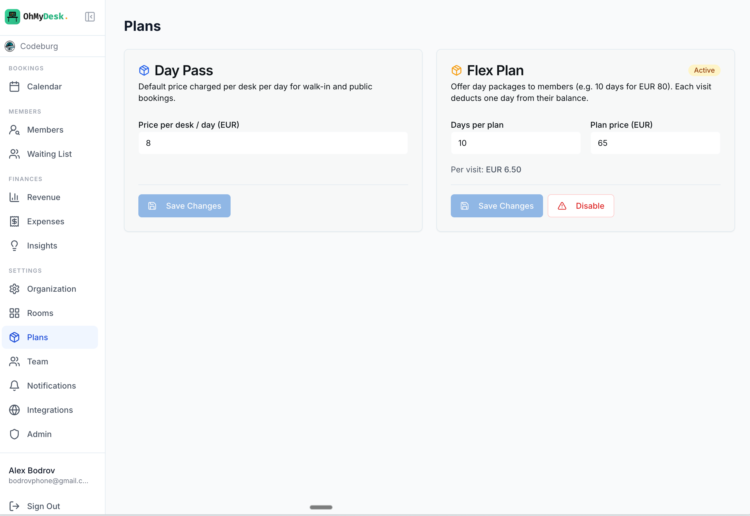 Flex day package configuration and member balance tracking