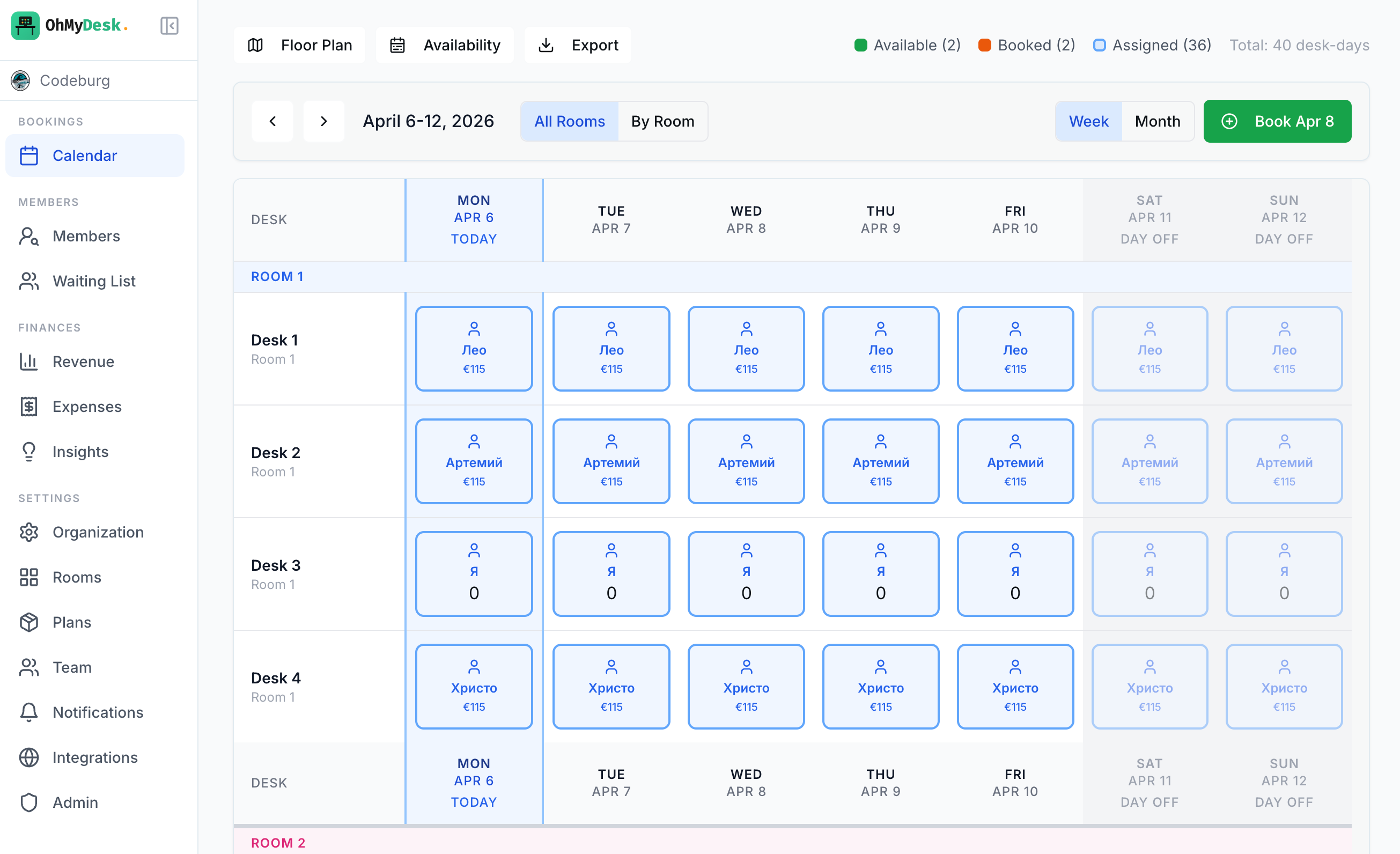 OhMyDesk calendar showing weekly desk availability across multiple rooms