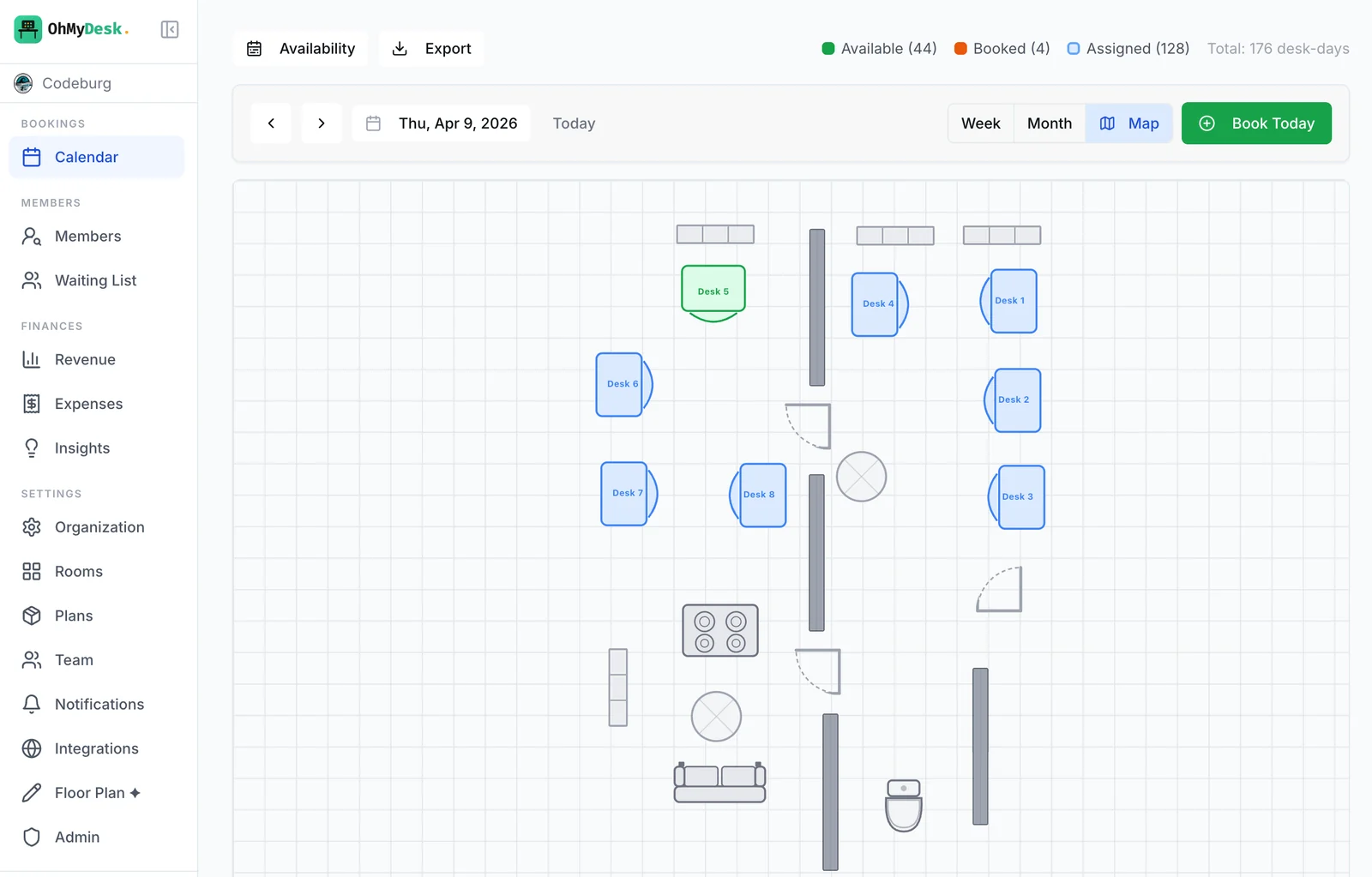 Floor plan calendar view with desks color-coded by booking status