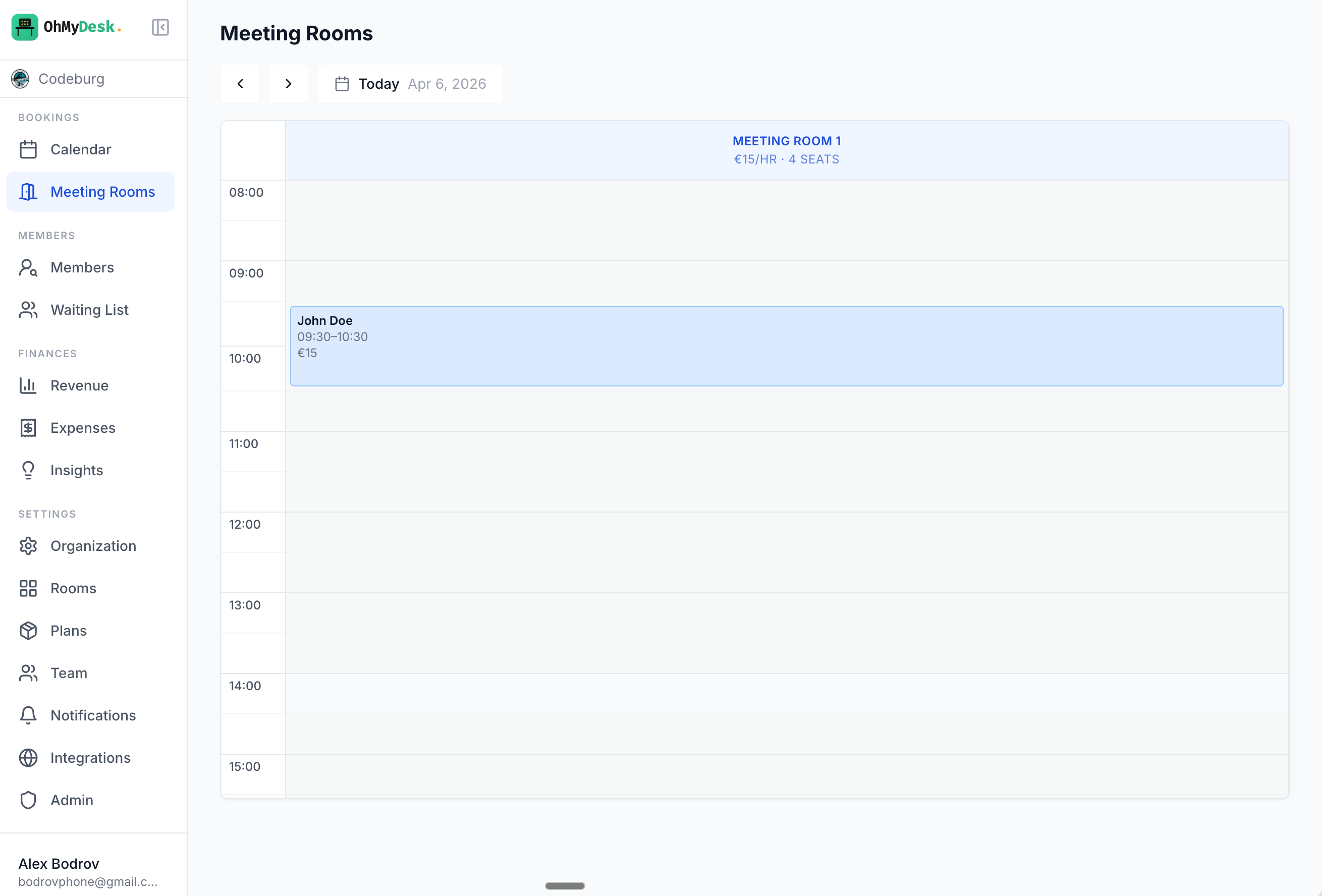 Hourly meeting room reservation grid with conflict detection