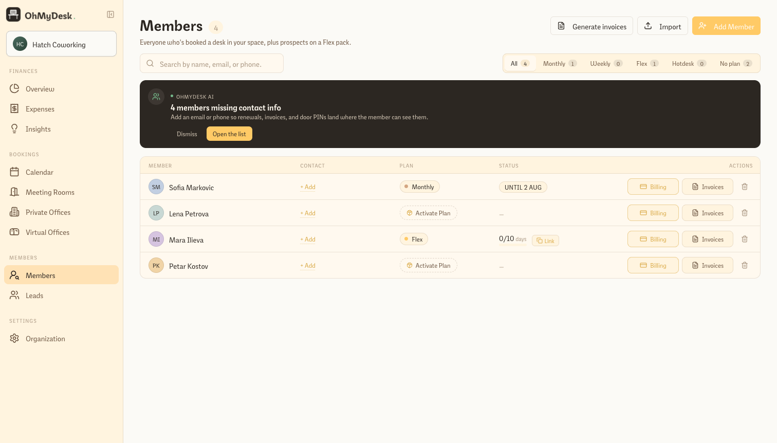 Members list showing active weekly plan balance and paused plan with reactivate button