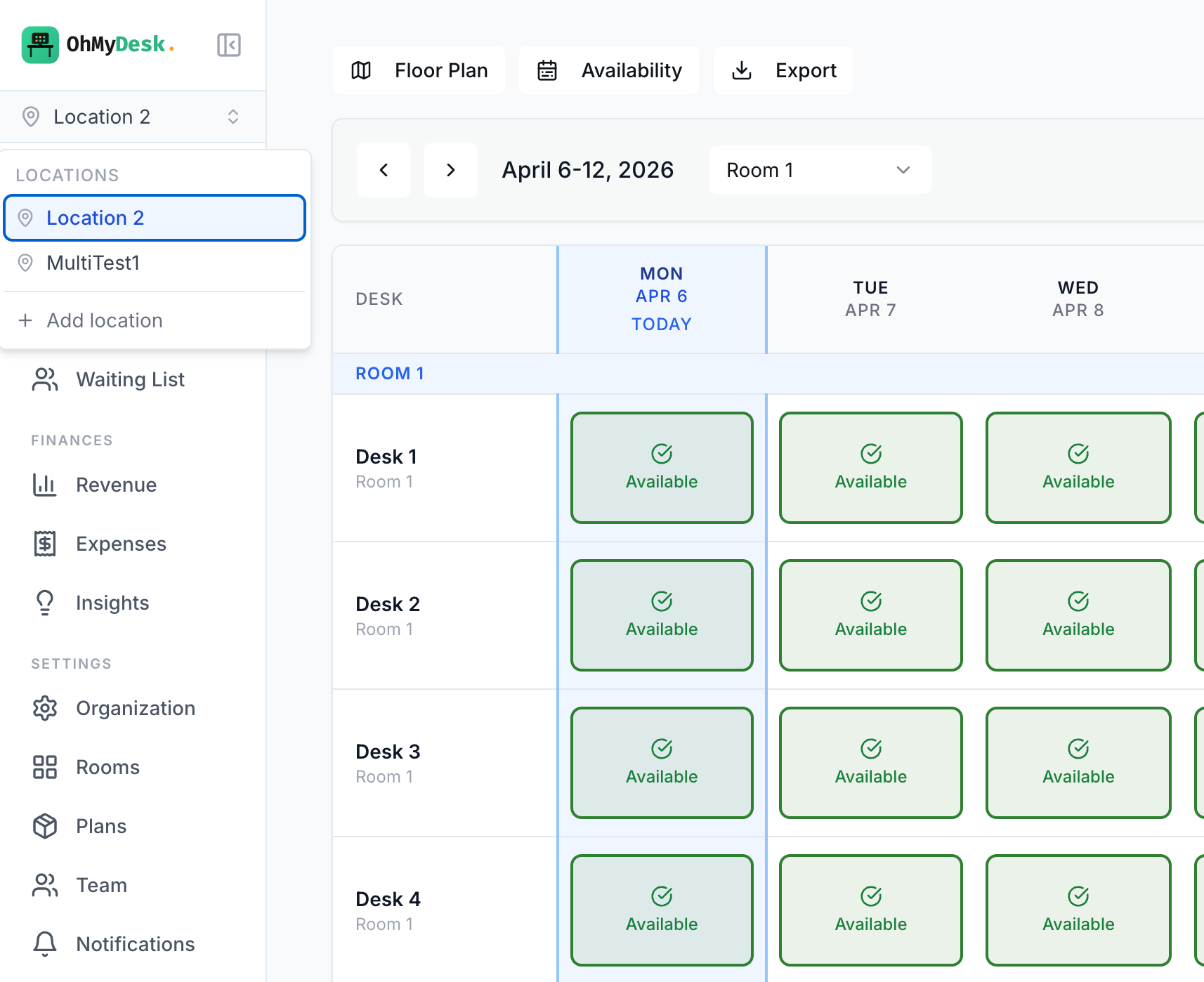 Multi-location switcher showing several coworking spaces under one account