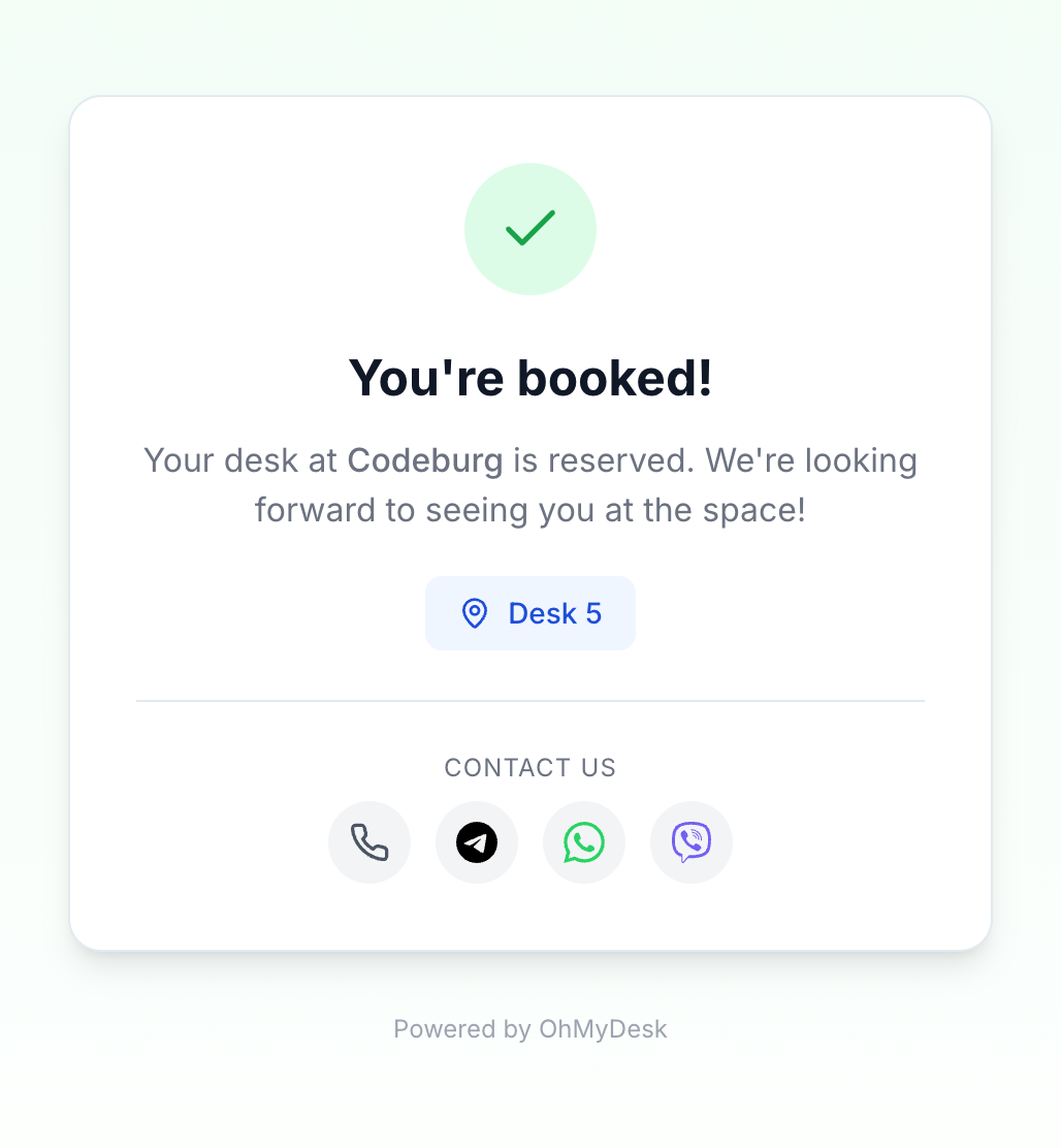 Public booking confirmation page that visitors see after submitting a request