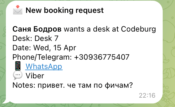 Example Telegram notification when a new booking comes in