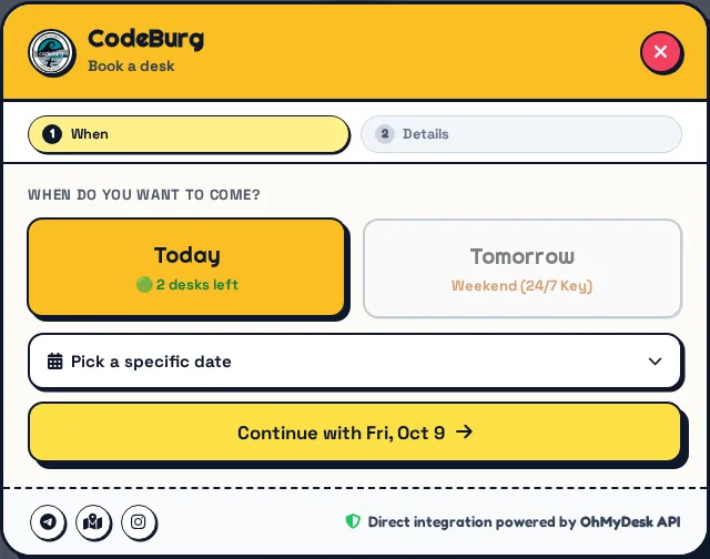 Codeburg’s yellow desk-booking form with date selection and availability, powered by the OhMyDesk API